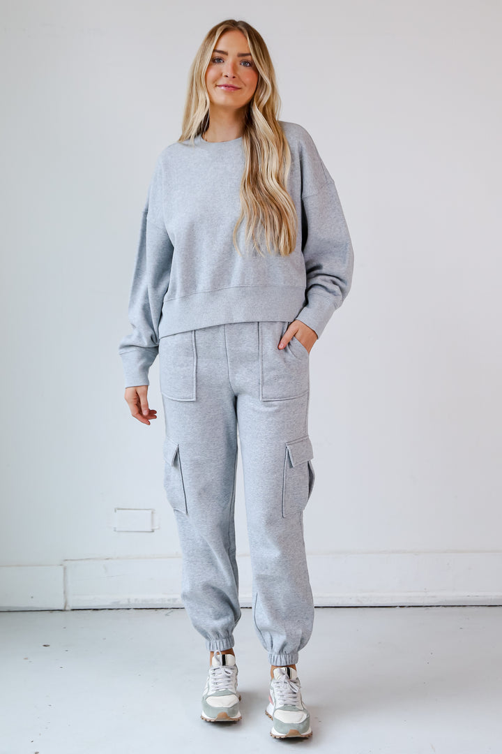 grey Fleece Cargo Jogger Sweatpants on model