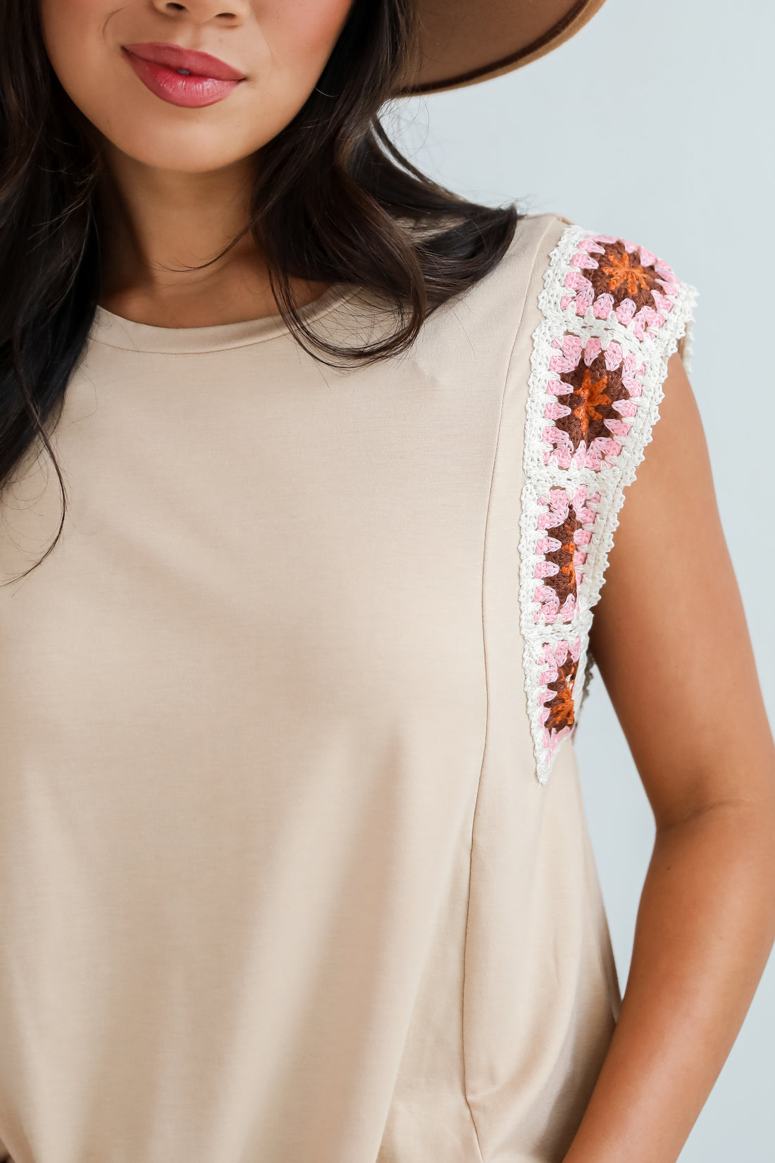 Adored Cutie Mocha Crochet Sleeve Top