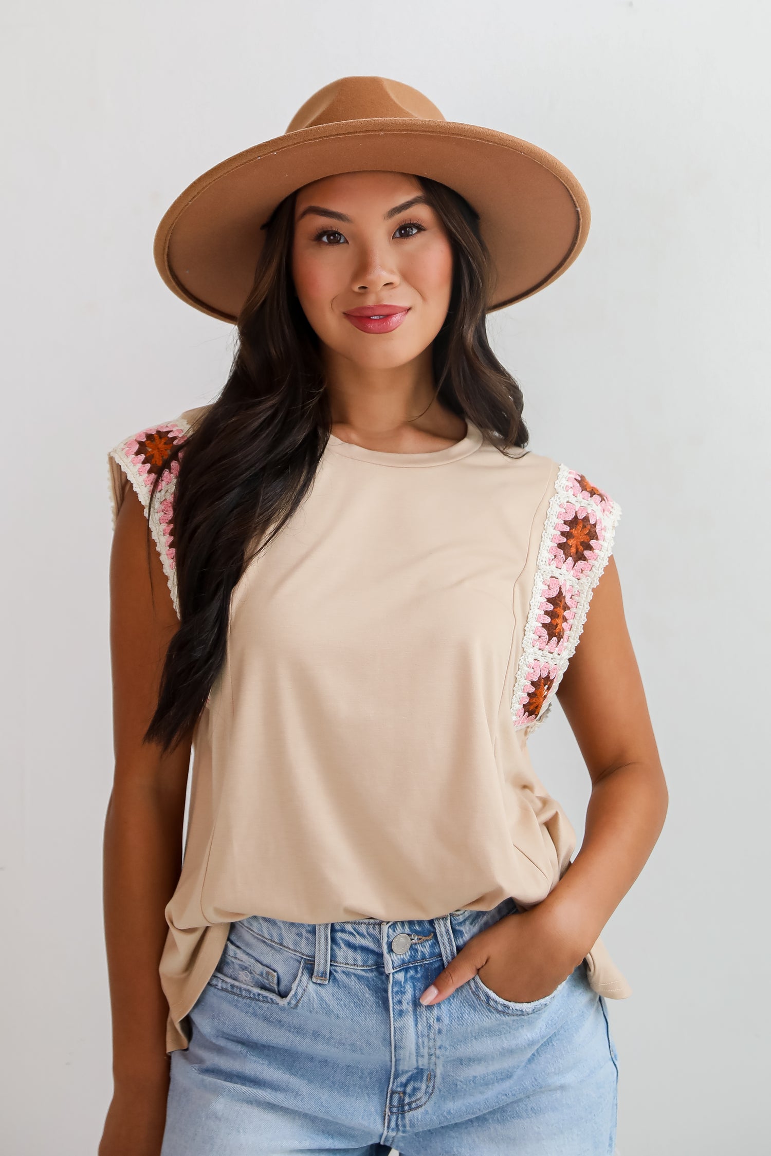 Adored Cutie Mocha Crochet Sleeve Top