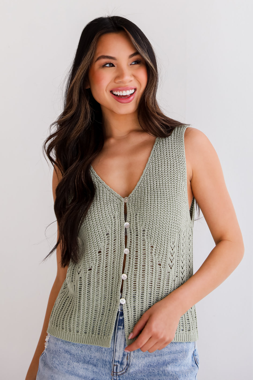 sage green tank Sandy Sweetie Crochet Knit Tank