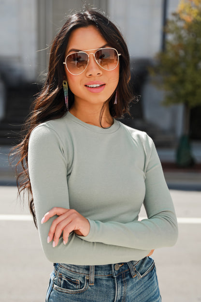 sage Long Sleeve Crop Top