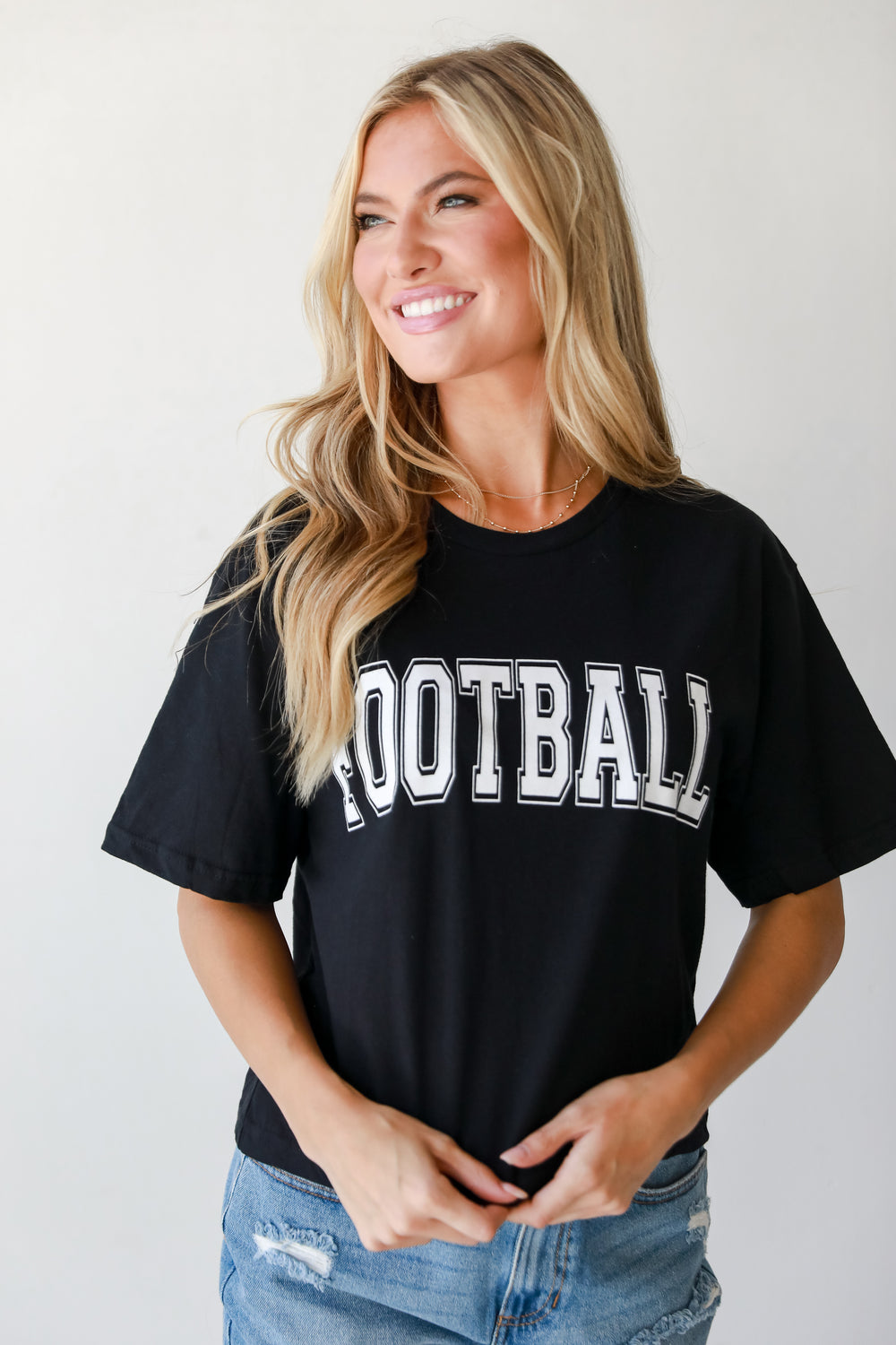 Black Football Cropped Tee on model