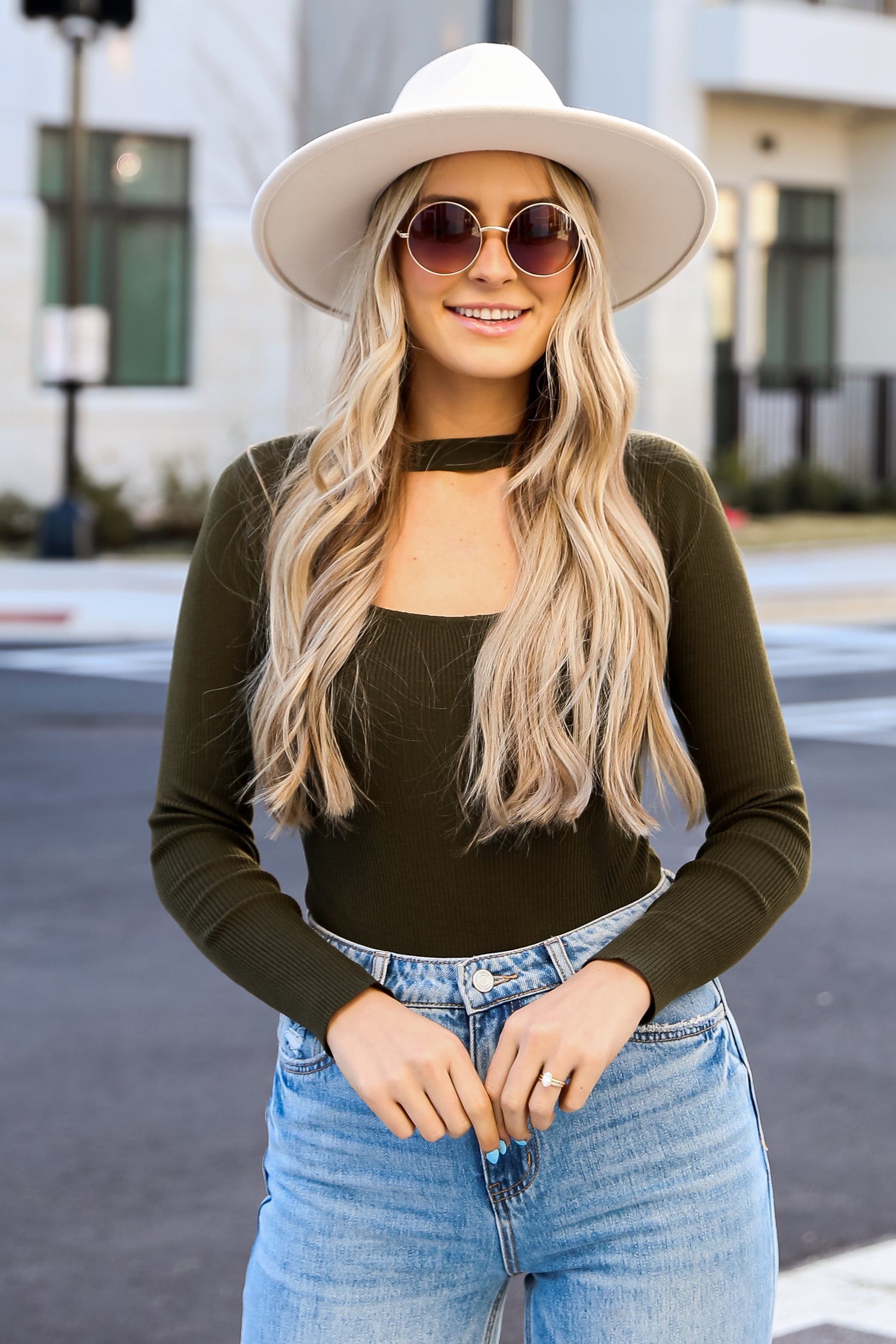 olive green Cutout Bodysuit