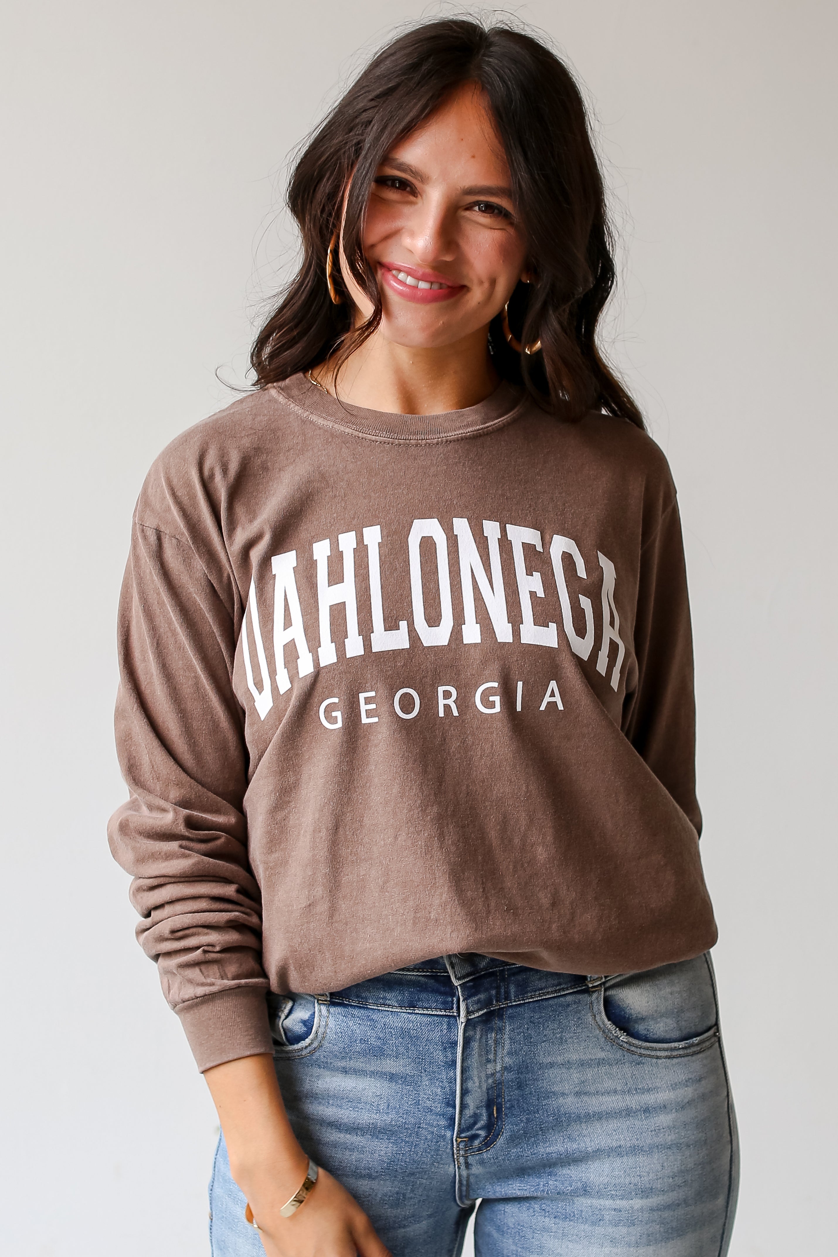 Brown Dahlonega Georgia Long Sleeve Tee on model