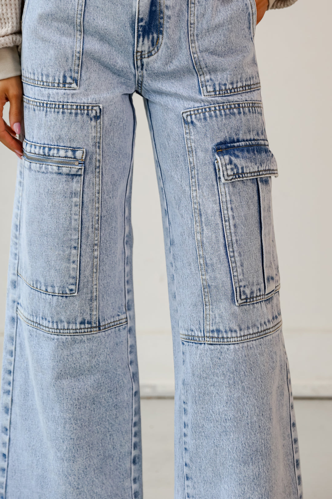 Light Wash Acid Washed Cargo Jeans close up