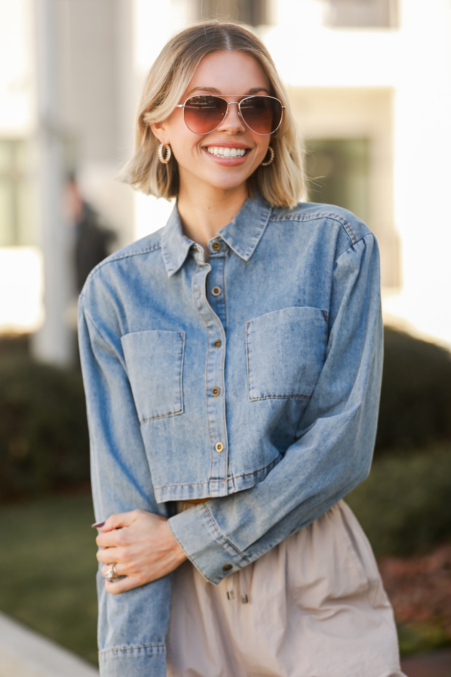 Grey Denim Cropped Blouse