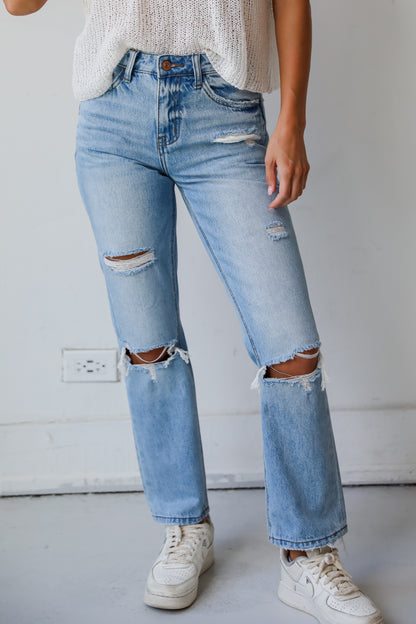 Eliza Medium Wash High-Rise Straight Leg Distressed Jeans