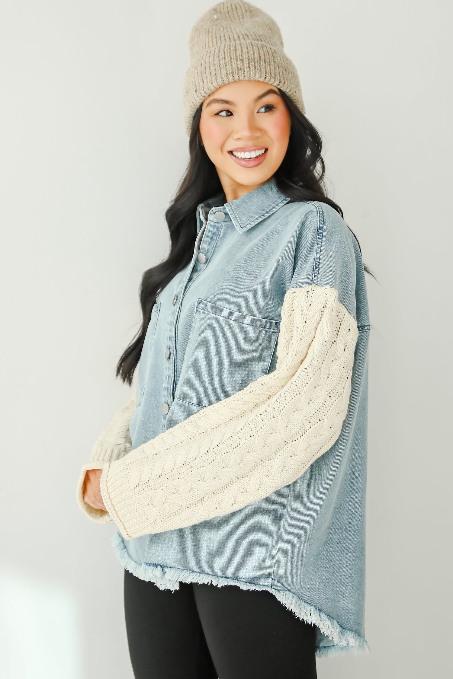 Bundled Perfection Denim Cable Knit Sleeve Shacket