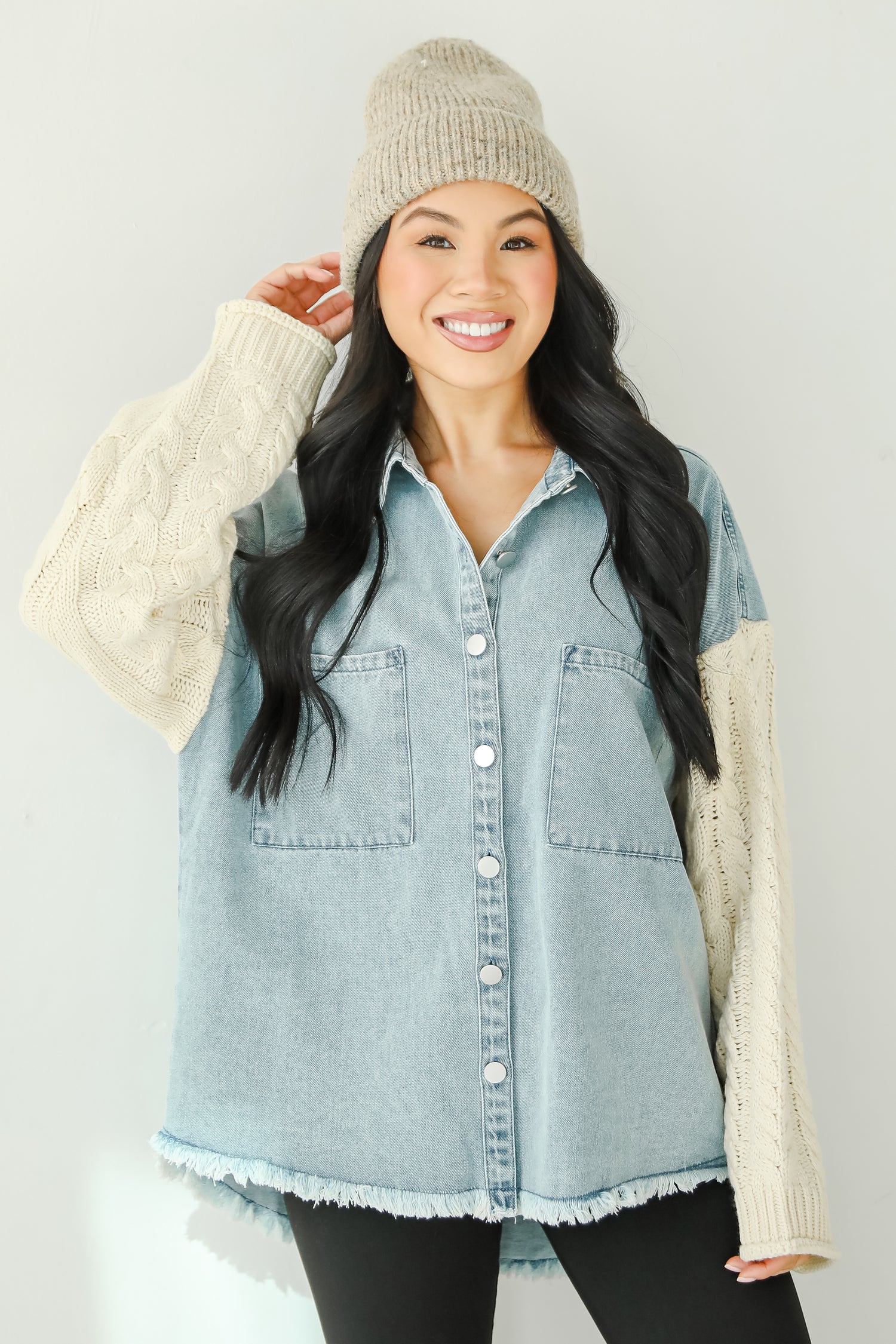 Bundled Perfection Denim Cable Knit Sleeve Shacket