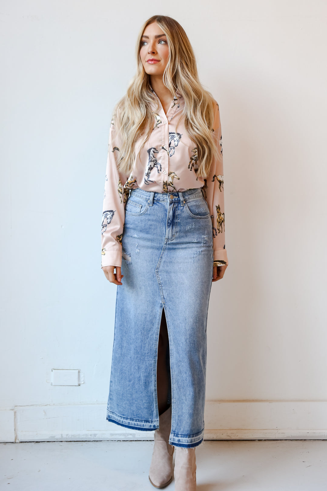 light wash Distressed Denim Maxi Skirt