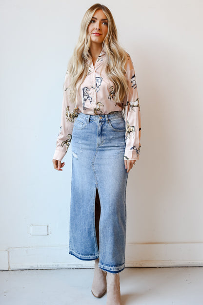 long denim skirt with slit