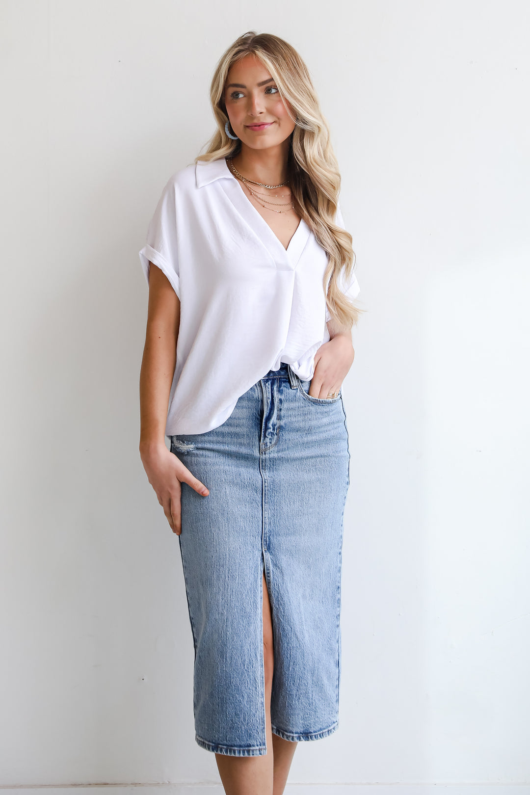 high waisted Medium Wash Denim Midi Skirt