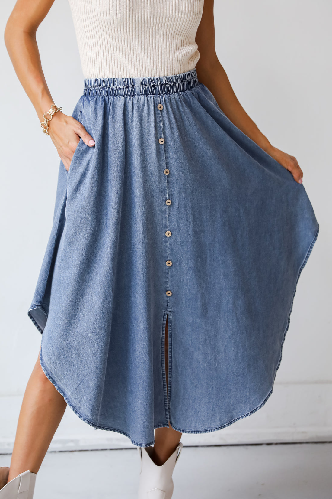 Pleasant Perception Denim Midi Skirt