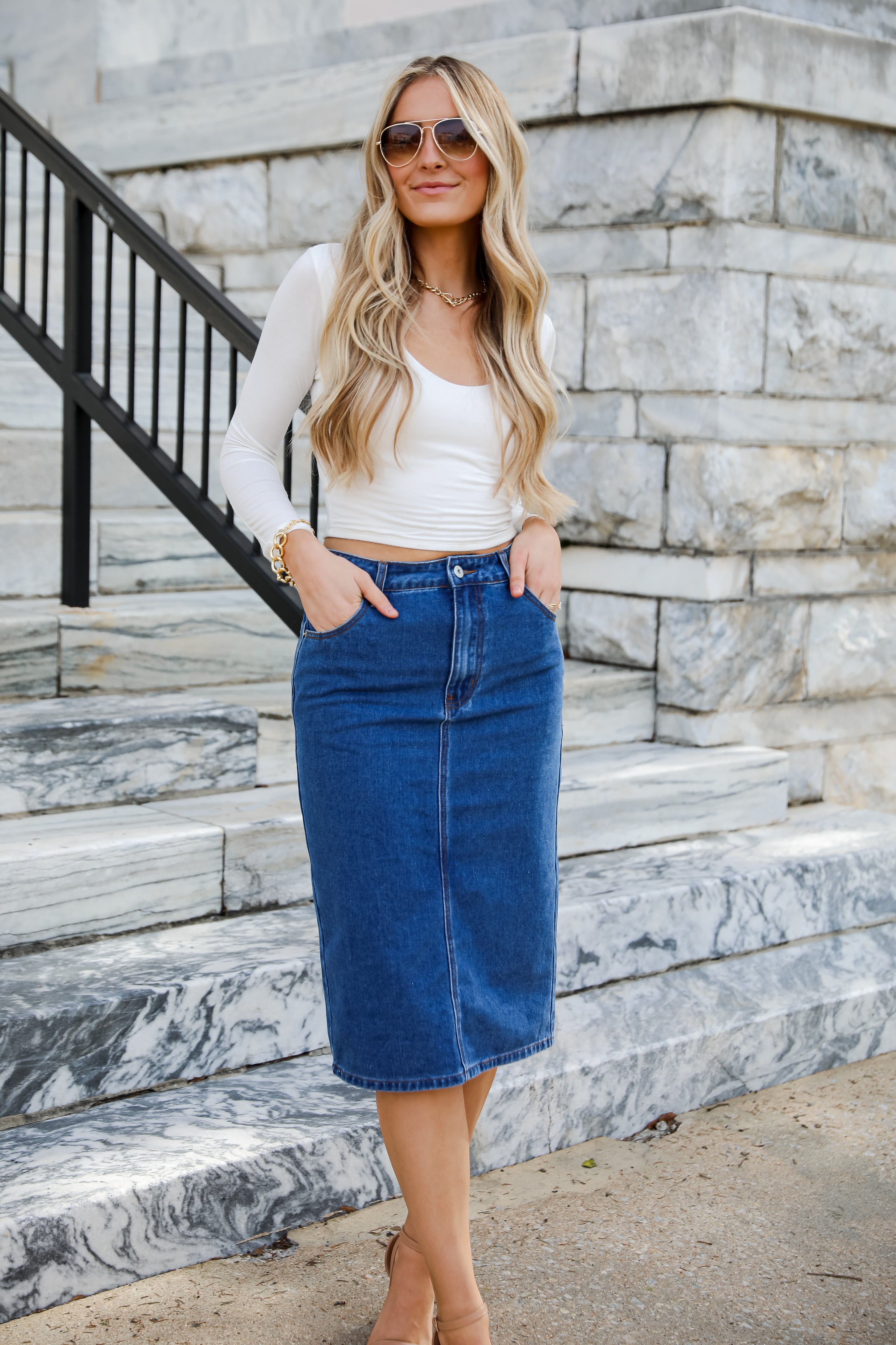 medium wash Denim Midi Skirt