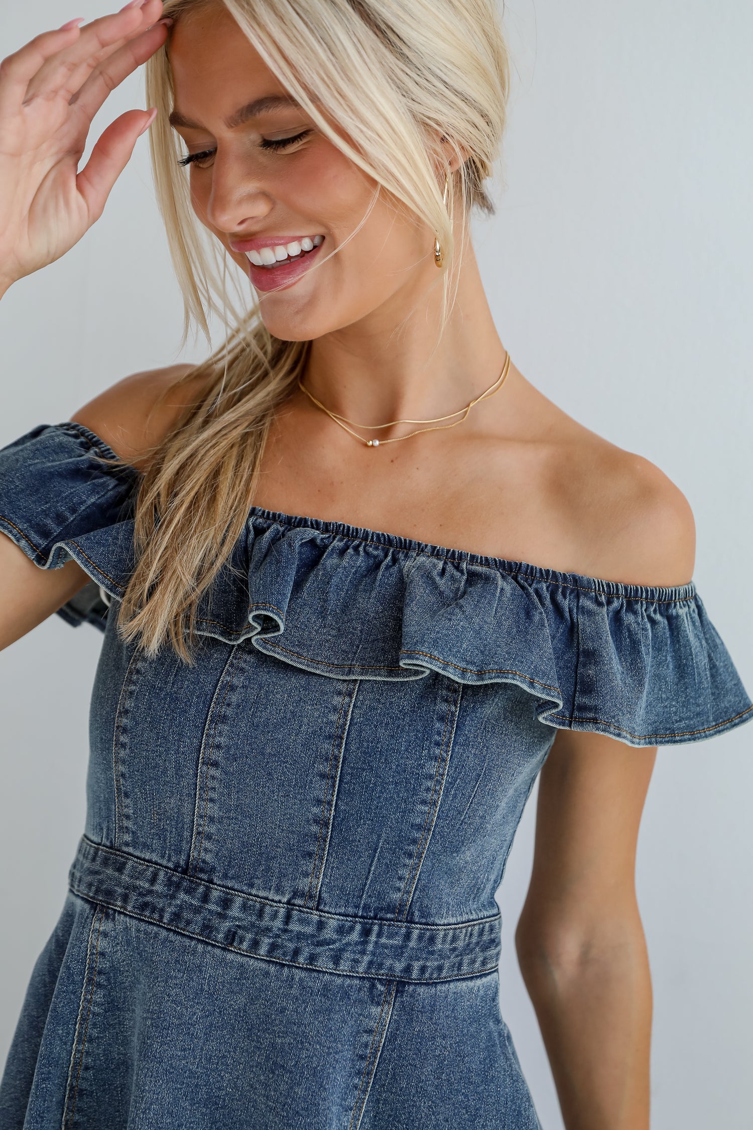 Confidently Coveted Denim Off-The-Shoulder Mini Dress