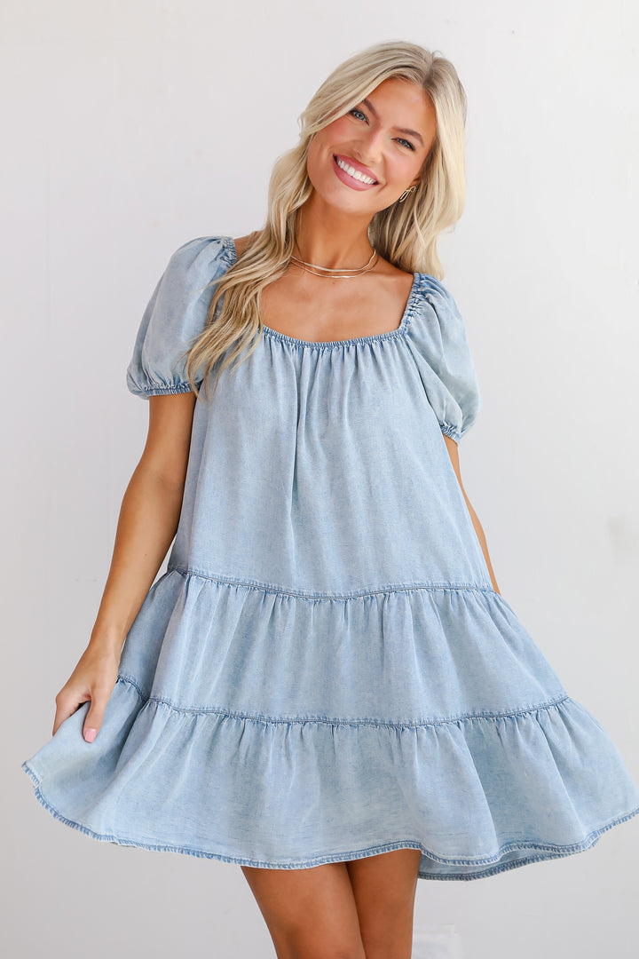 Aesthetic Charm Light Denim Tiered Mini Dress