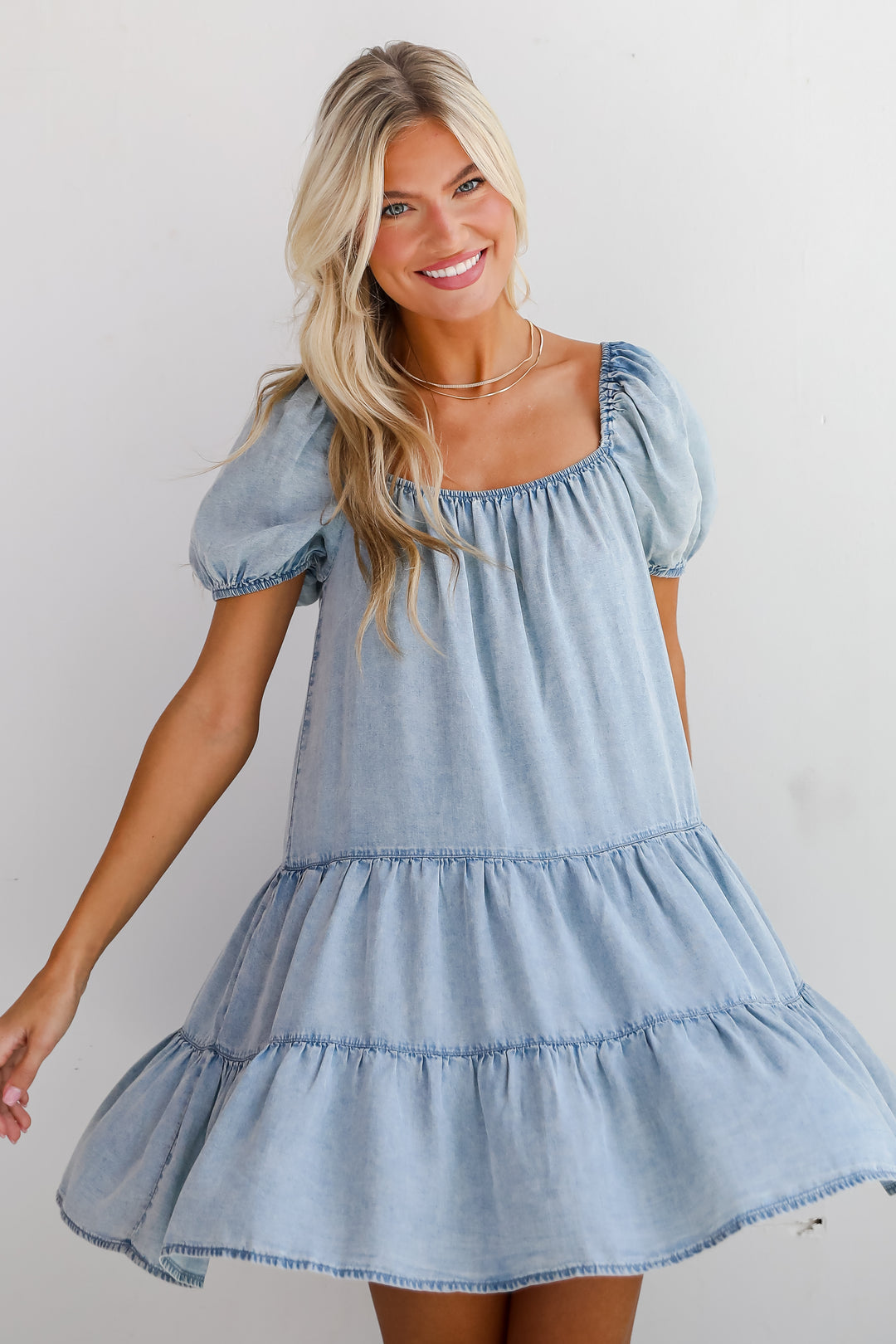 Aesthetic Charm Light Denim Tiered Mini Dress