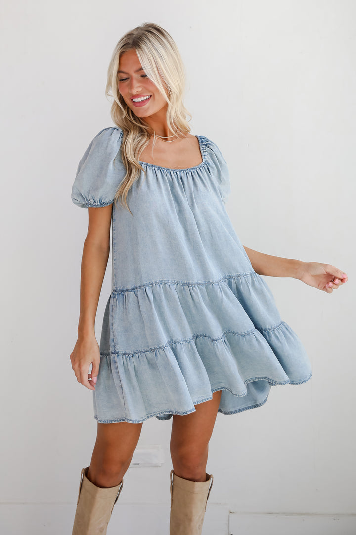 Aesthetic Charm Light Denim Tiered Mini Dress