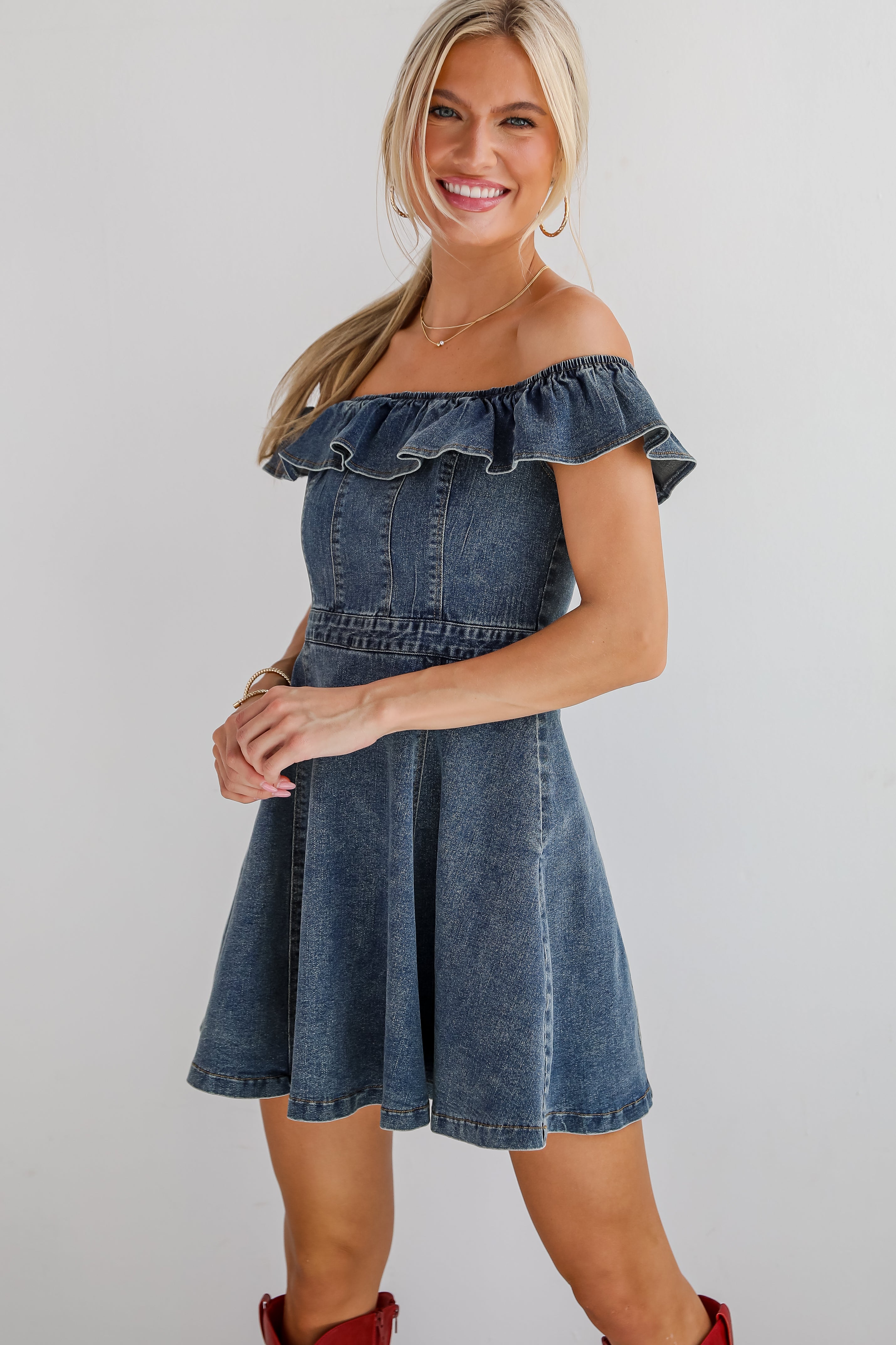 Confidently Coveted Denim Off-The-Shoulder Mini Dress