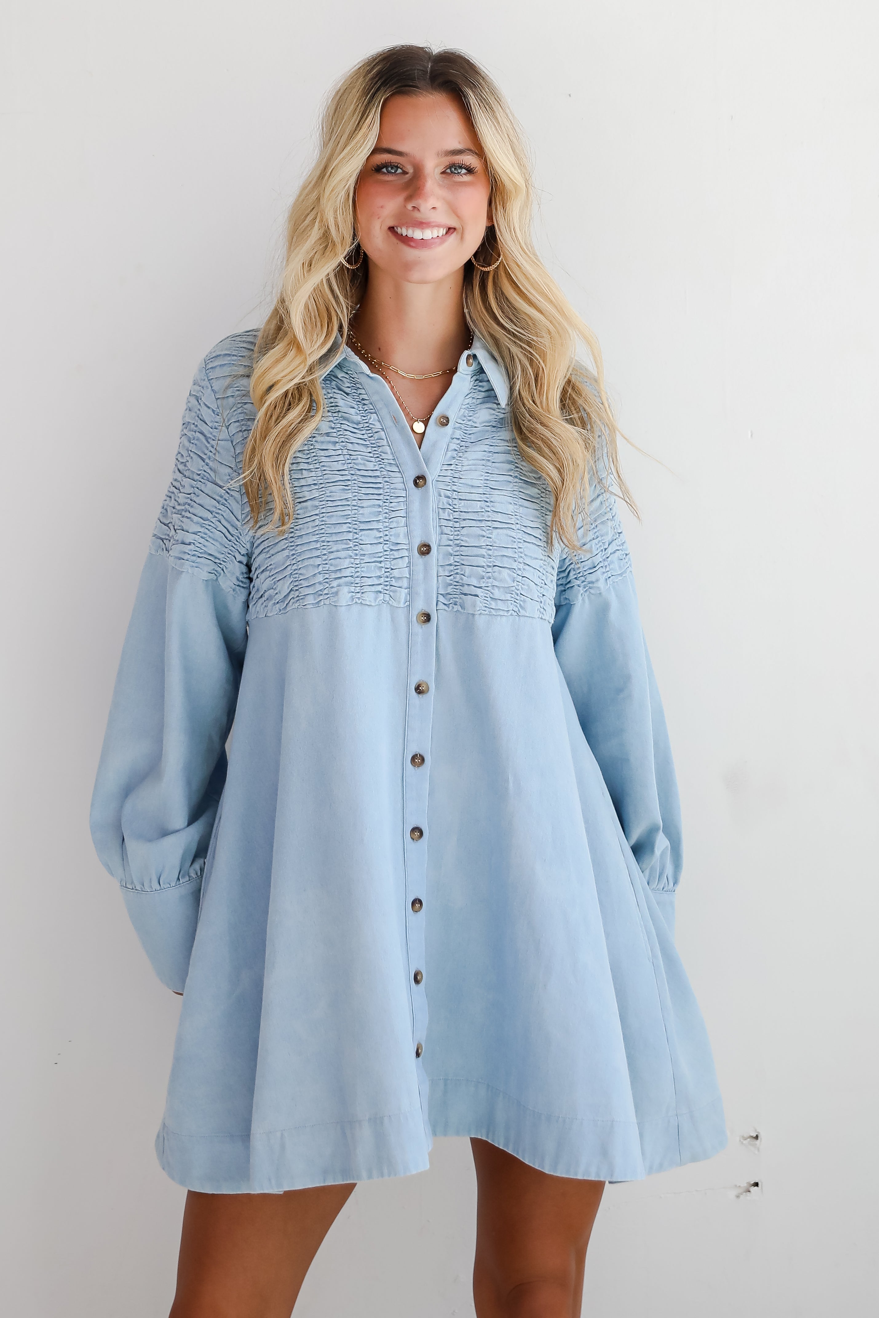 Trendy Aura Light Wash Denim Mini Dress