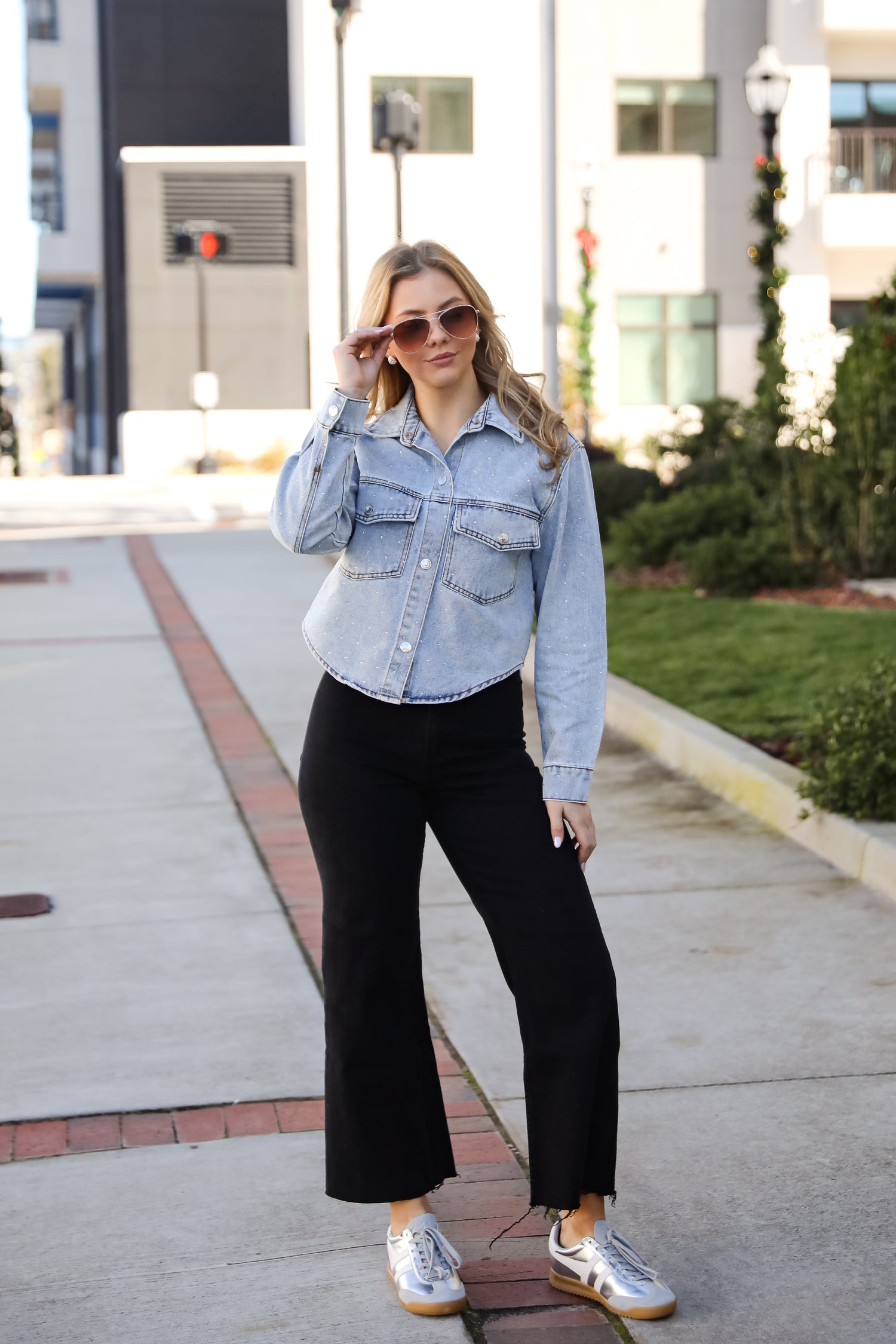 Beyond Glamorous Blue Rhinestone Cropped Denim Jacket