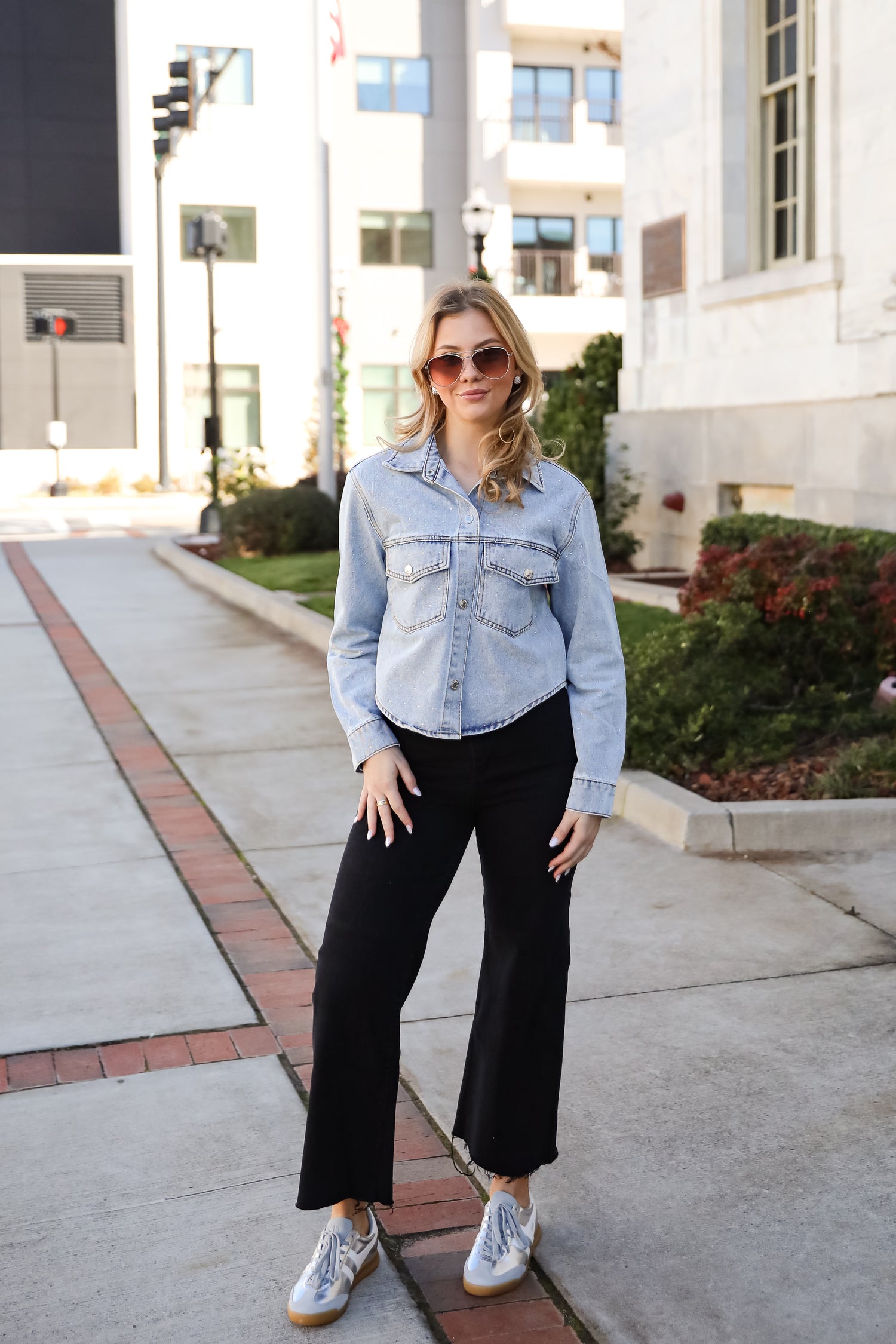 Beyond Glamorous Blue Rhinestone Cropped Denim Jacket