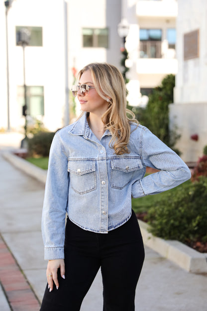 Beyond Glamorous Blue Rhinestone Cropped Denim Jacket