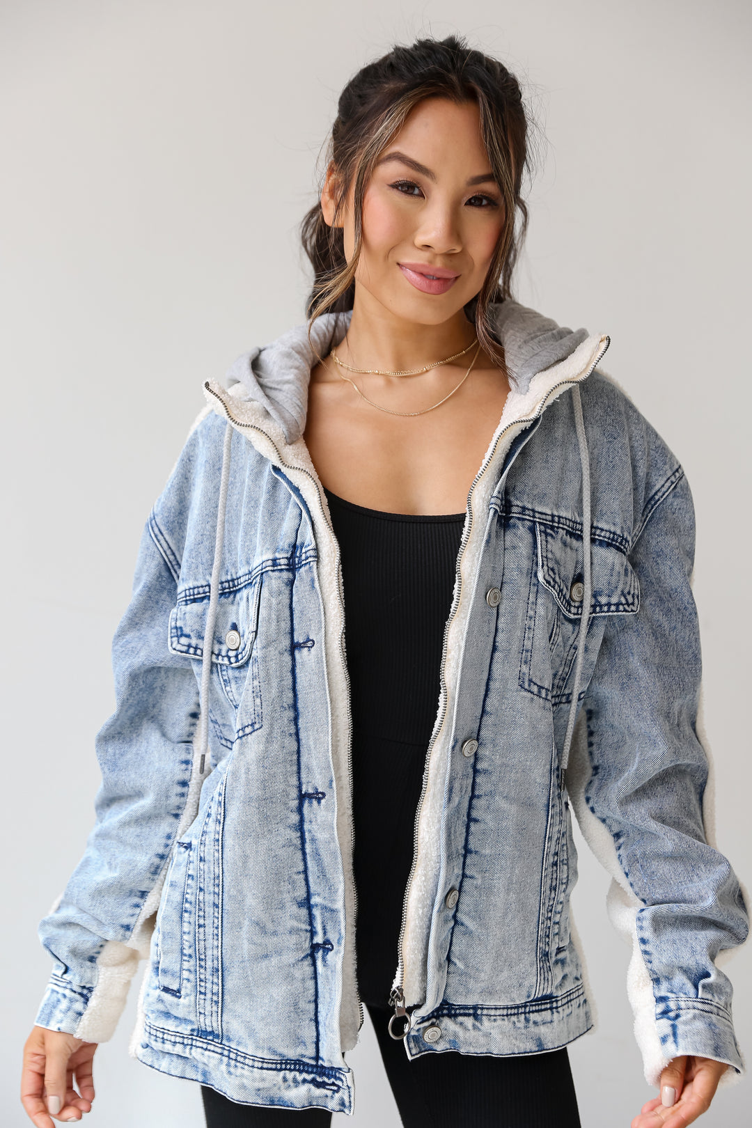 Hooded Denim Teddy Jacket on model