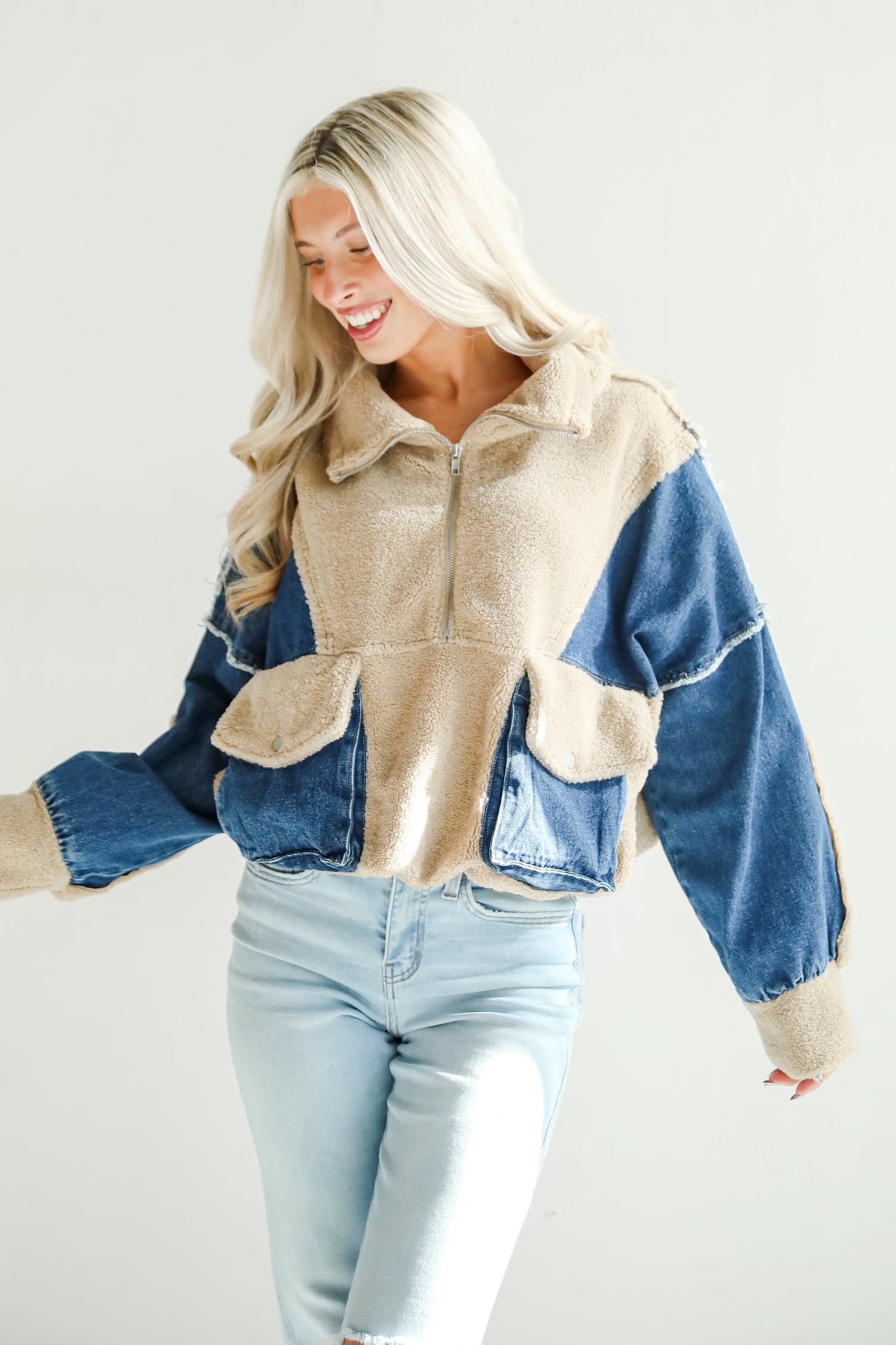 Nearest And Dearest Taupe Sherpa Denim Quarter Zip Pullover