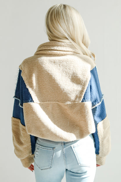 Nearest And Dearest Taupe Sherpa Denim Quarter Zip Pullover