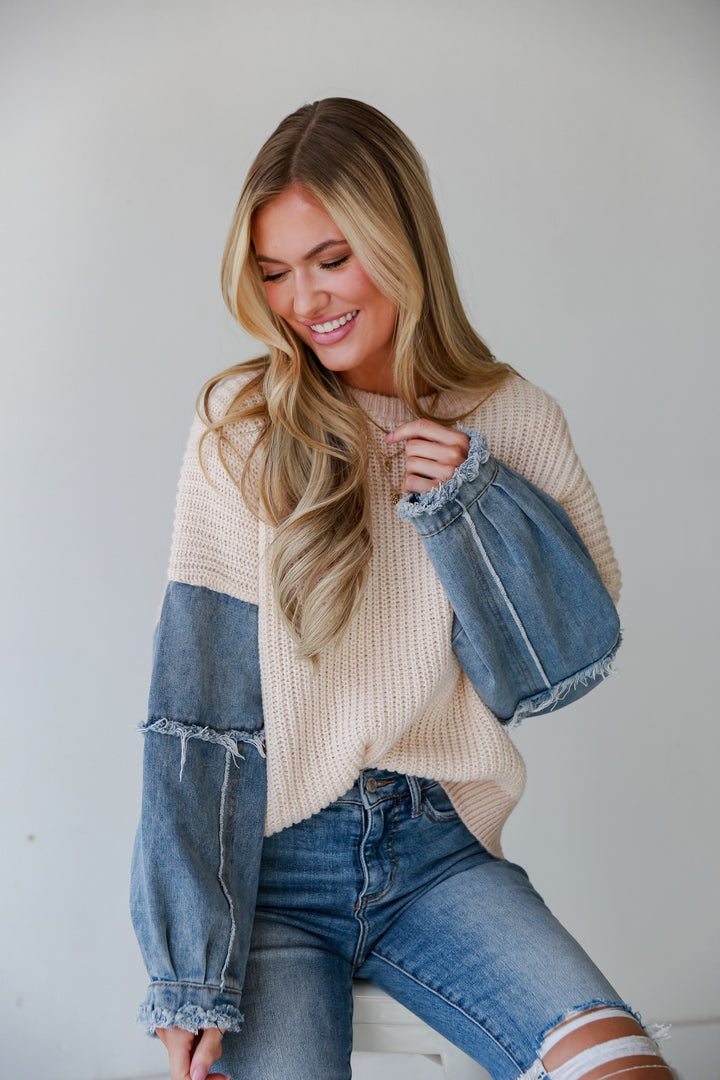 trendy Ivory Denim Sleeve Oversized Sweater