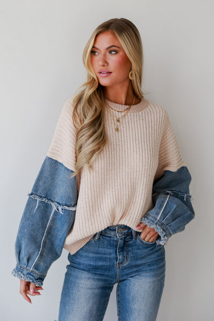 Ivory Denim Sleeve Oversized Sweater on model