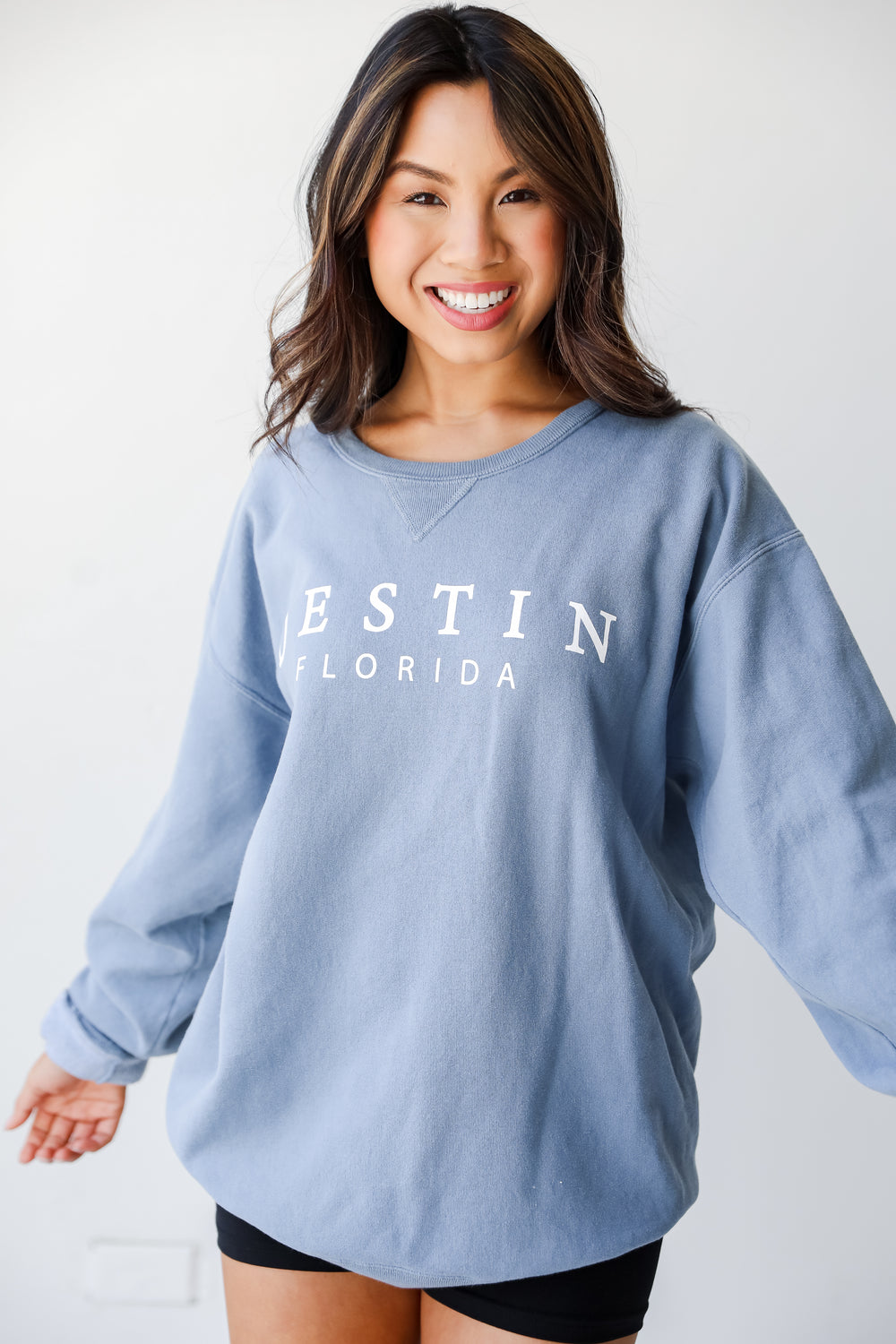 Blue Destin Florida Pullover on model