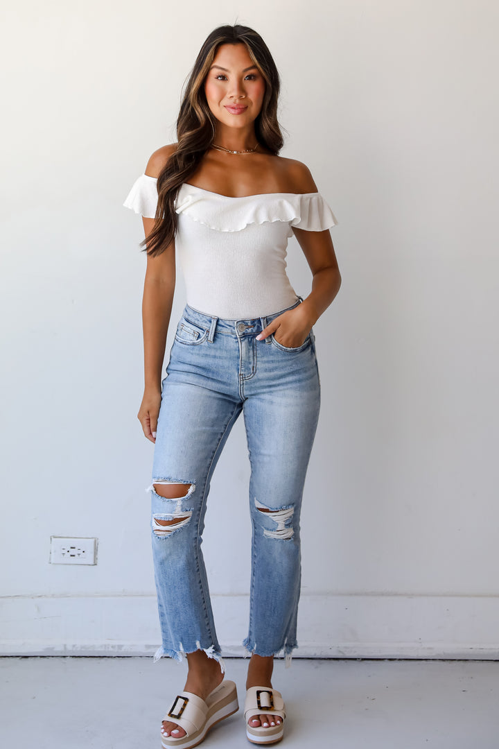 Cindy Light Wash Distressed Crop Flare Jeans