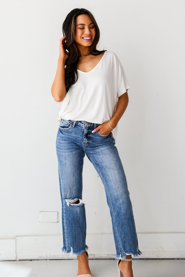 high rise Medium Wash Distressed Dad Jeans