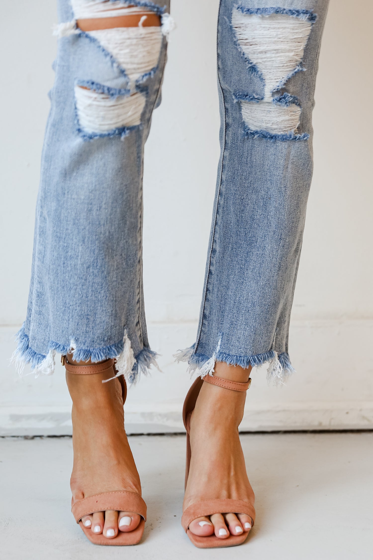 high rise Light Wash Distressed Crop Flare Jeans