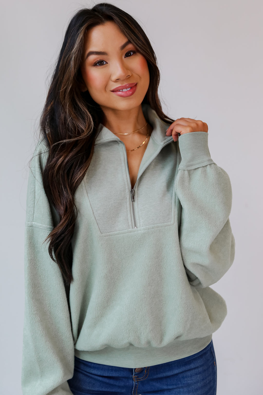 sage Fleece Quarter Zip Pullover front view