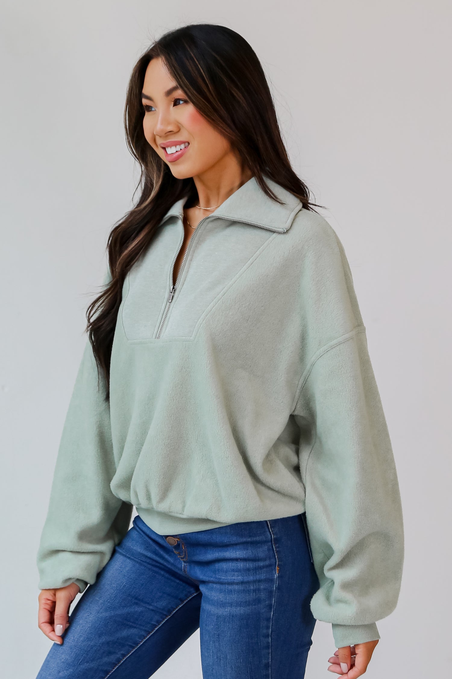 sage Fleece Quarter Zip Pullover side view