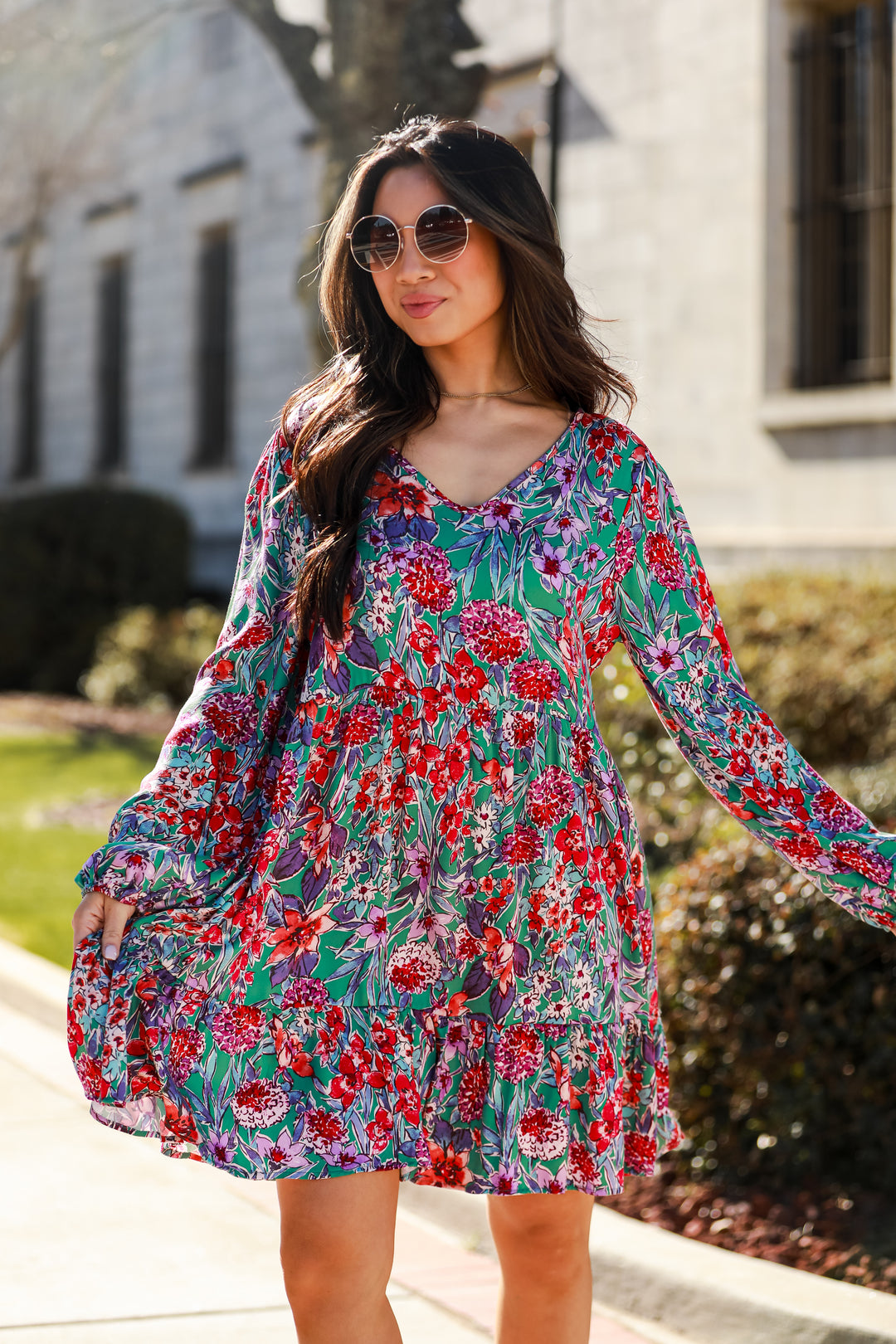 floral dresses. Long Sleeve Dress Adored Entrance Green Floral Babydoll Mini Dress. women's boutique. women's dress. flowy dress