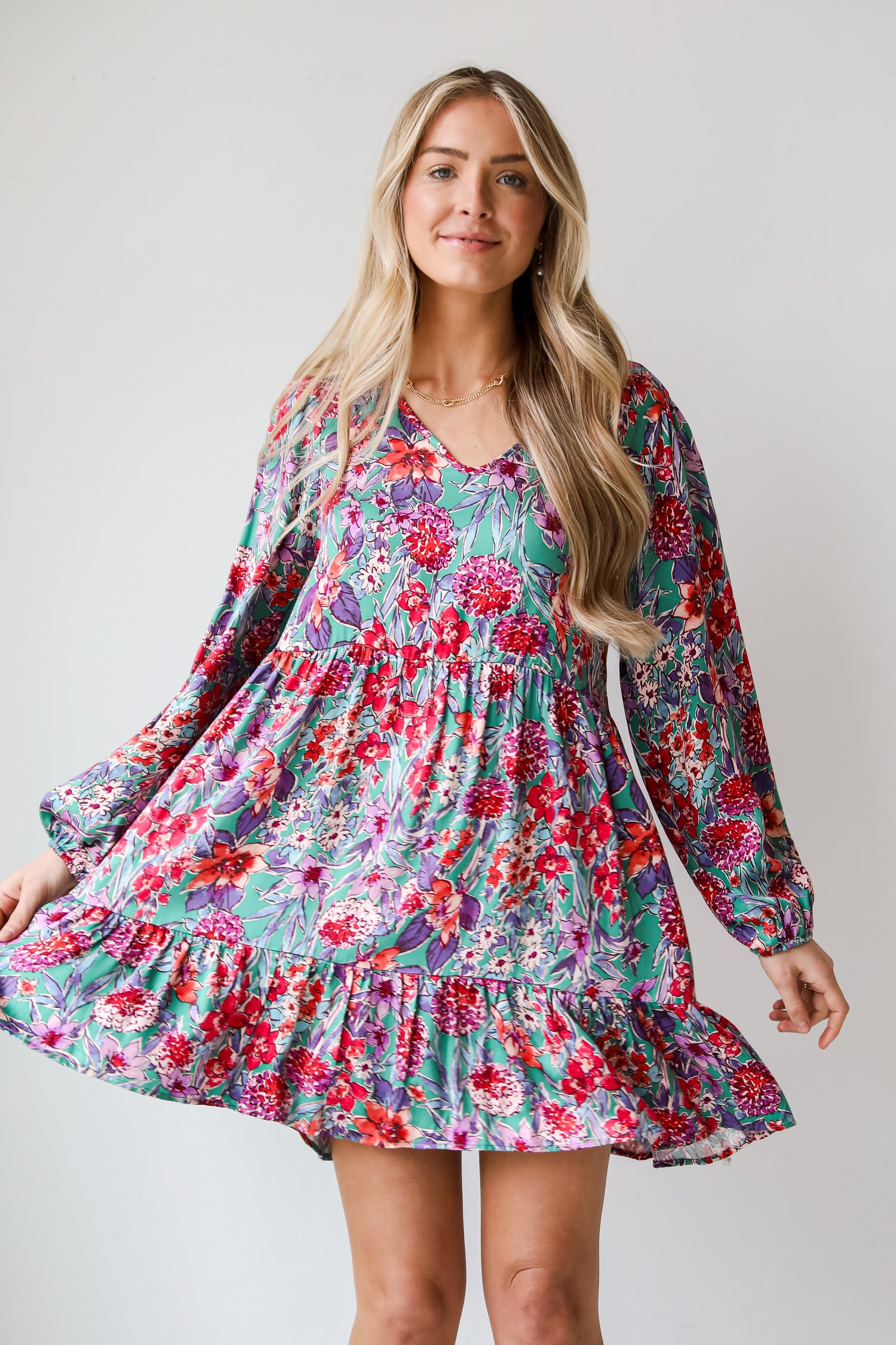 colorful floral dress Adored Entrance Green Floral Babydoll Mini Dress. women&