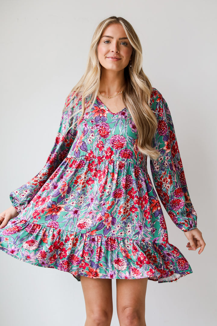 colorful floral dress Adored Entrance Green Floral Babydoll Mini Dress. women's boutique. women's dress. flowy dress