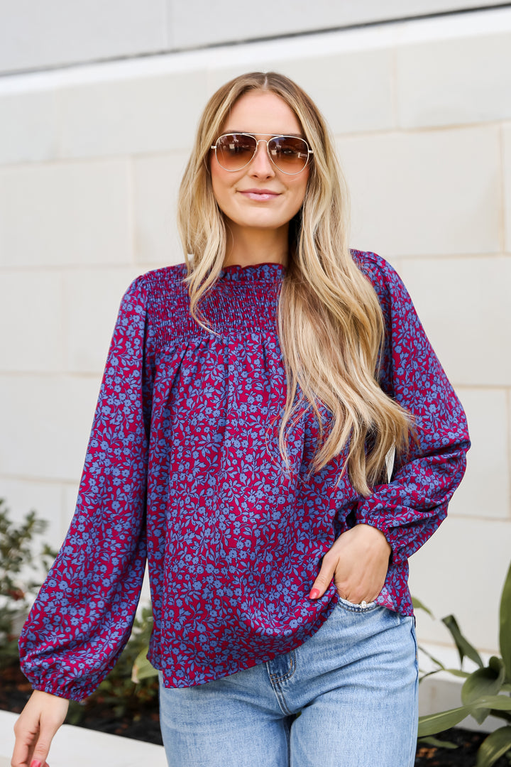 Burgundy Smocked Floral Blouse