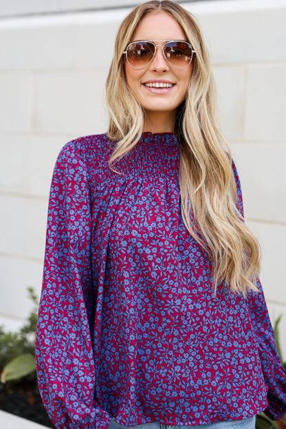 cute Burgundy Smocked Floral Blouse