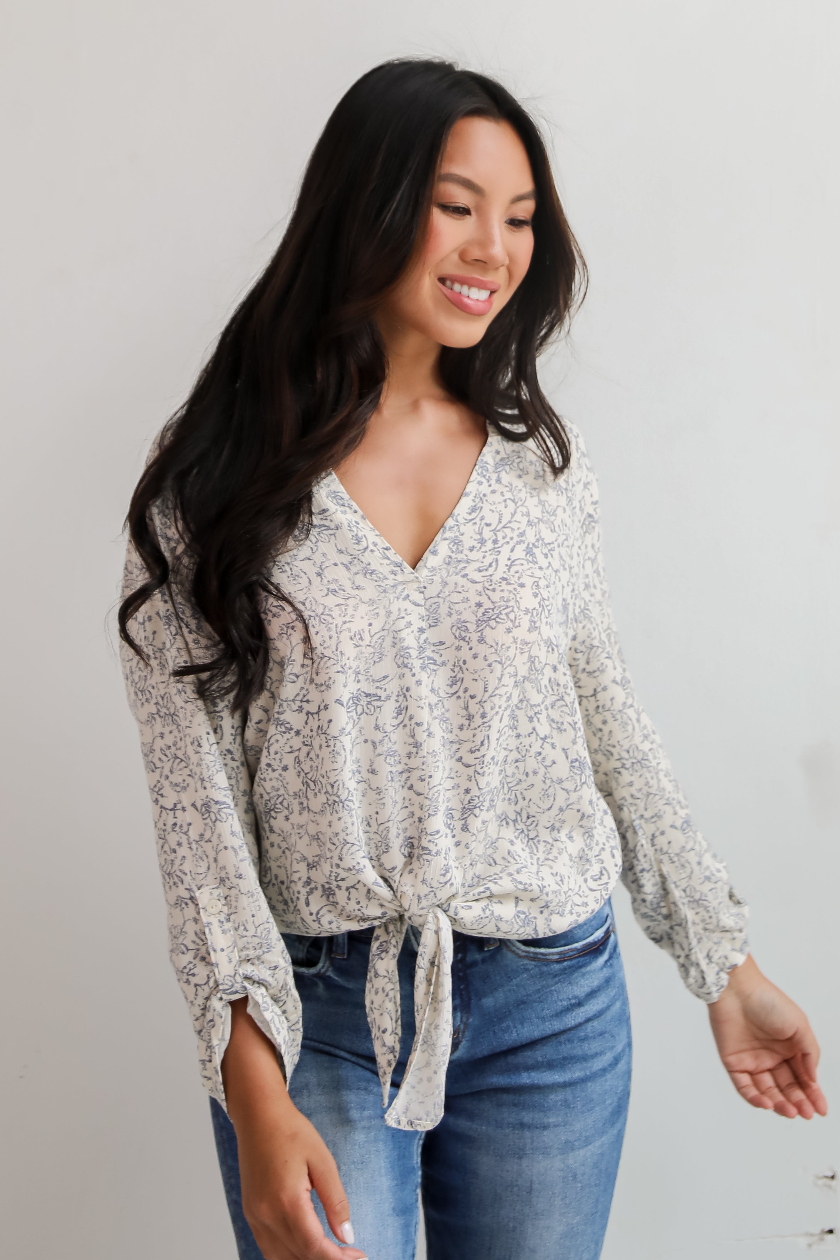 Decadently Sweet Cream Floral Tie-Front Blouse