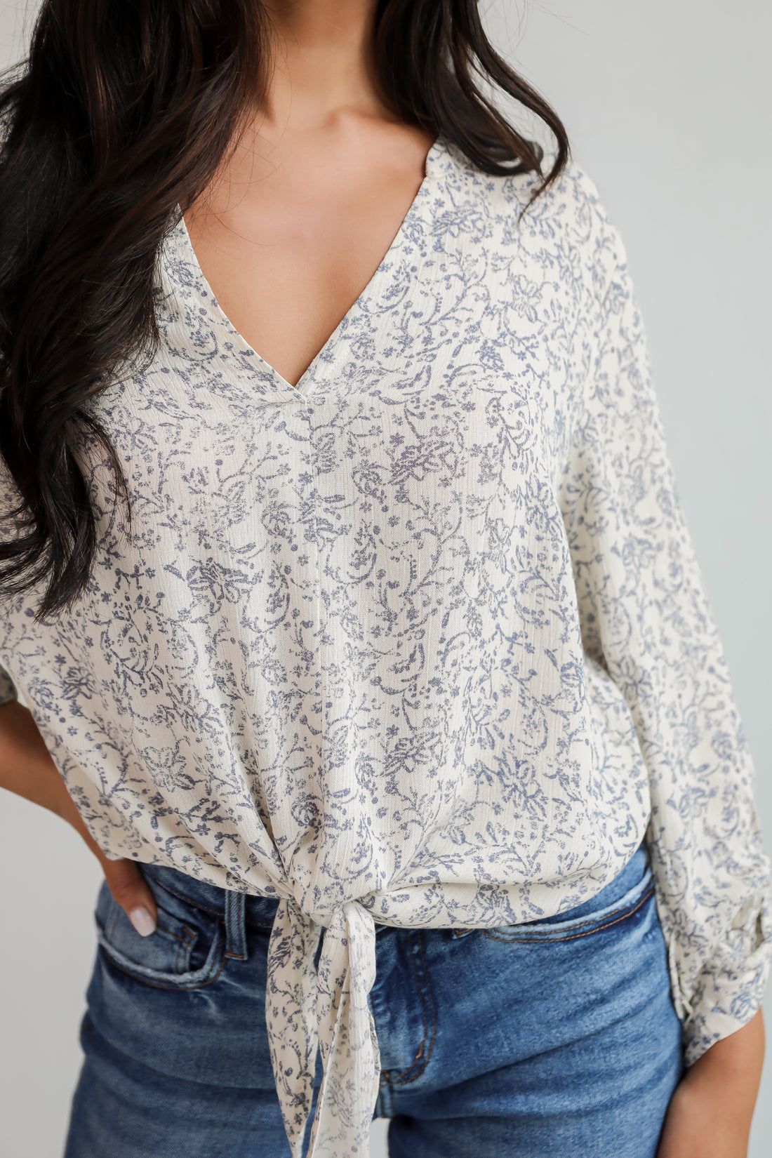 Decadently Sweet Cream Floral Tie-Front Blouse