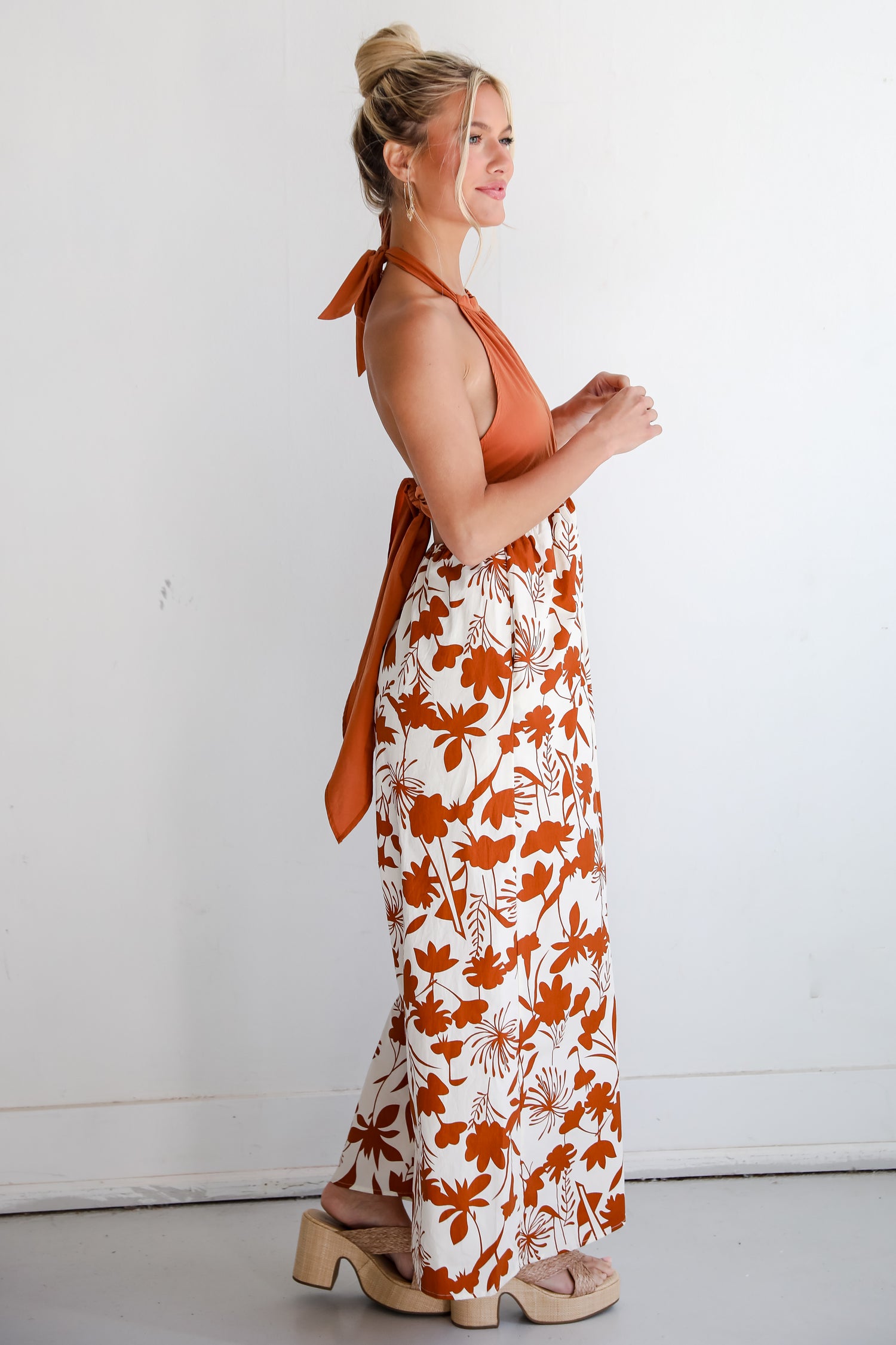 brown Floral Halter Jumpsuit