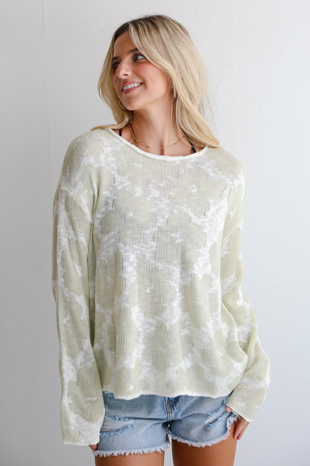 All The Hits Mint Floral Lightweight Knit Sweater