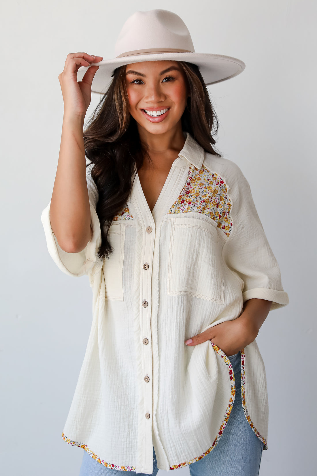 Number One Choice Ivory Floral Linen Blouse