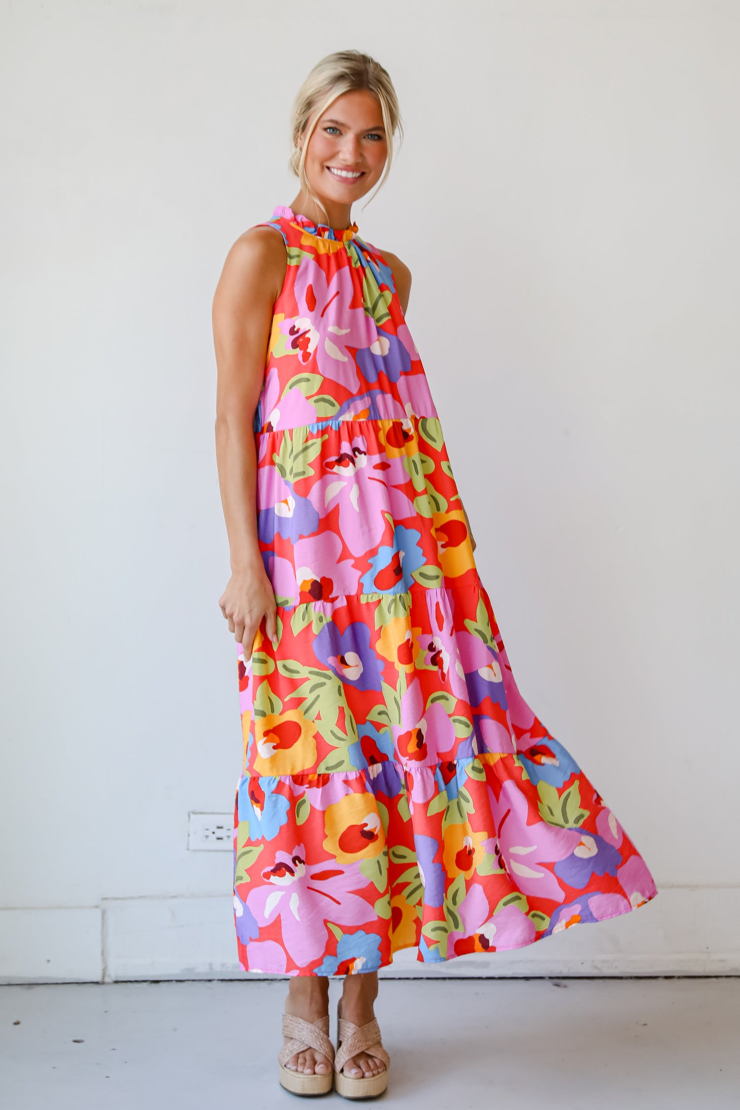 Truly Inspiring Pink Floral Tiered Maxi Dress