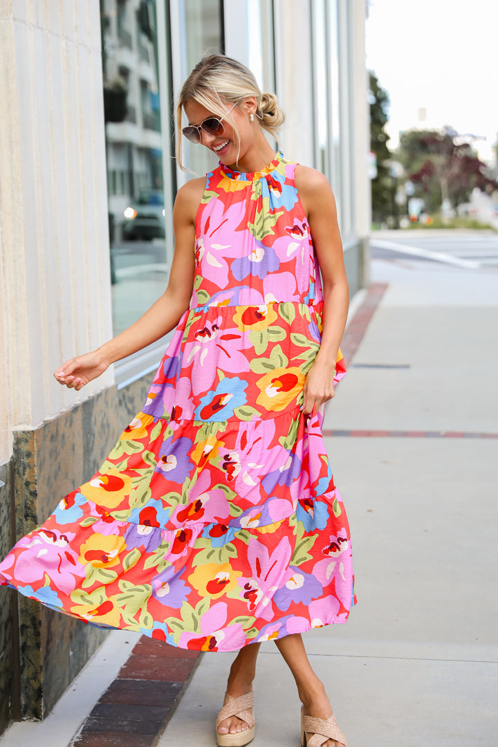 Truly Inspiring Pink Floral Tiered Maxi Dress